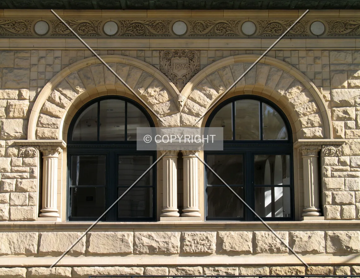Carved sandstone facade on the north side