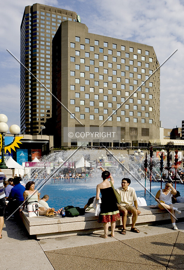Place des Arts fountain court with the Hyatt Hotel in the background