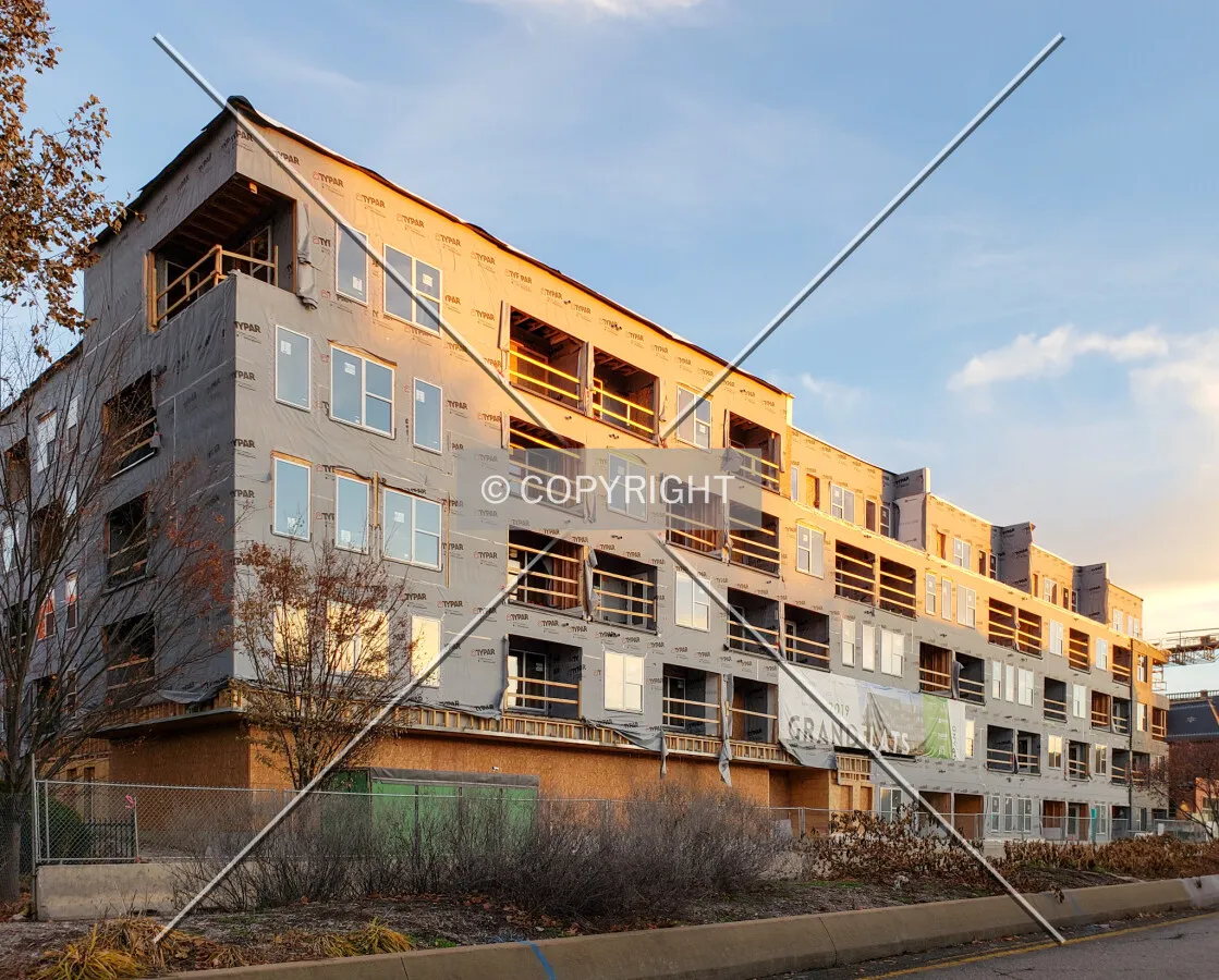 Evening view from the northwest during construction; November 24, 2018