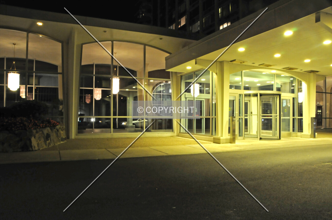 Night view of the entrance between the two towers. September 14, 2010
