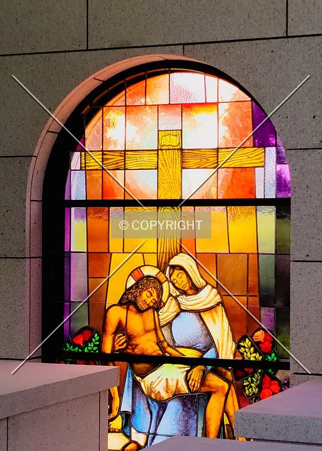 View of the interior towards one of the stained glass windows; August 1, 2021
