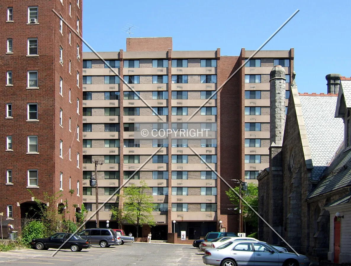 View from the west past the Trinity Apartments toward Prospect Street
