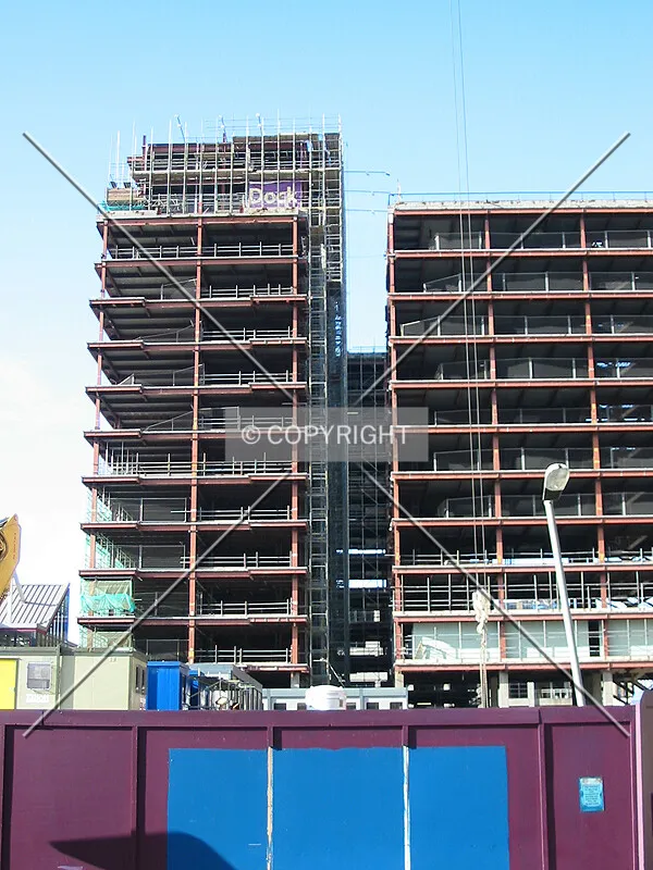 View from South Quay Plaza showing the building shell ready for reconstruction