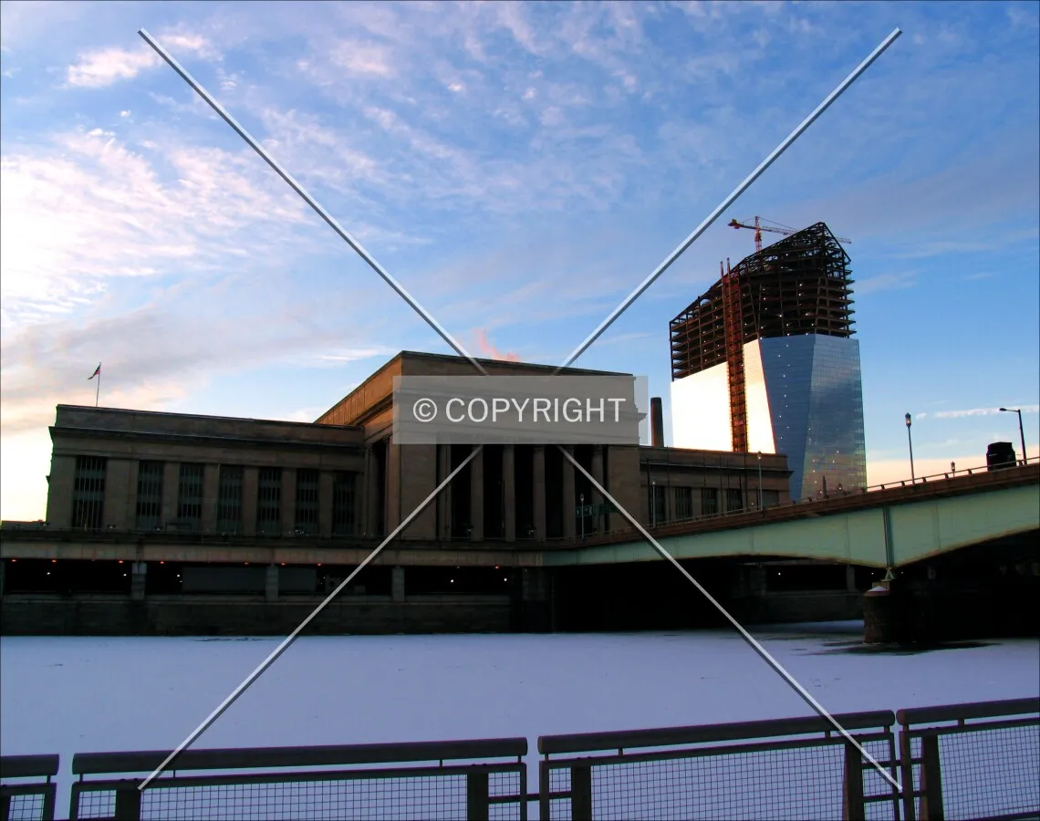 From the southeast, above 30th Street Station and the Market Street Bridge