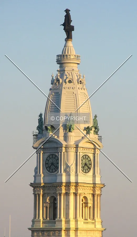 Top half of the tower, observation deck, and William Penn statue, from the northwest at the top of the Wyndham Hotel