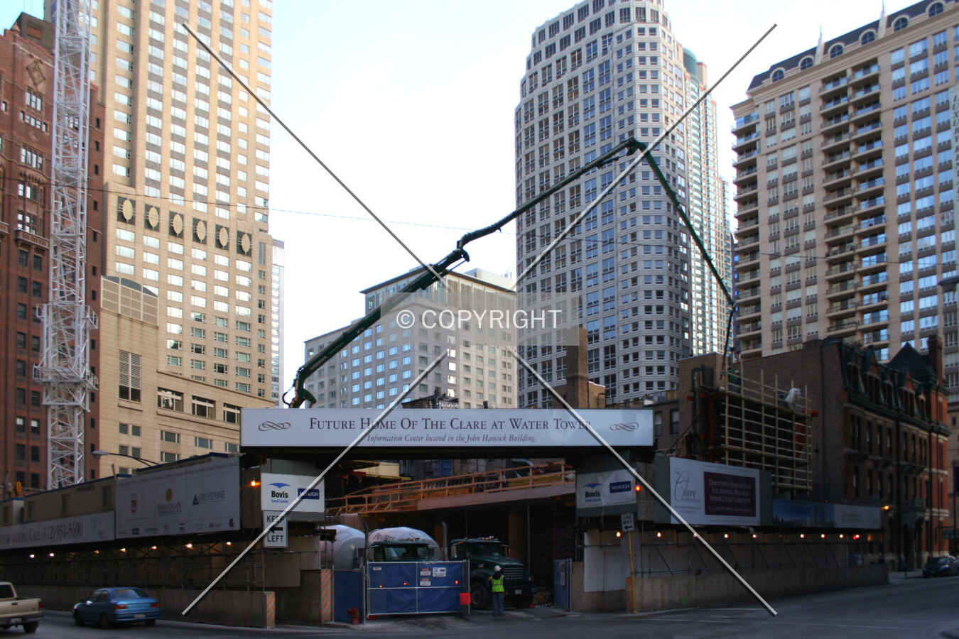 View from the northwest, with a shear wall rising on the right