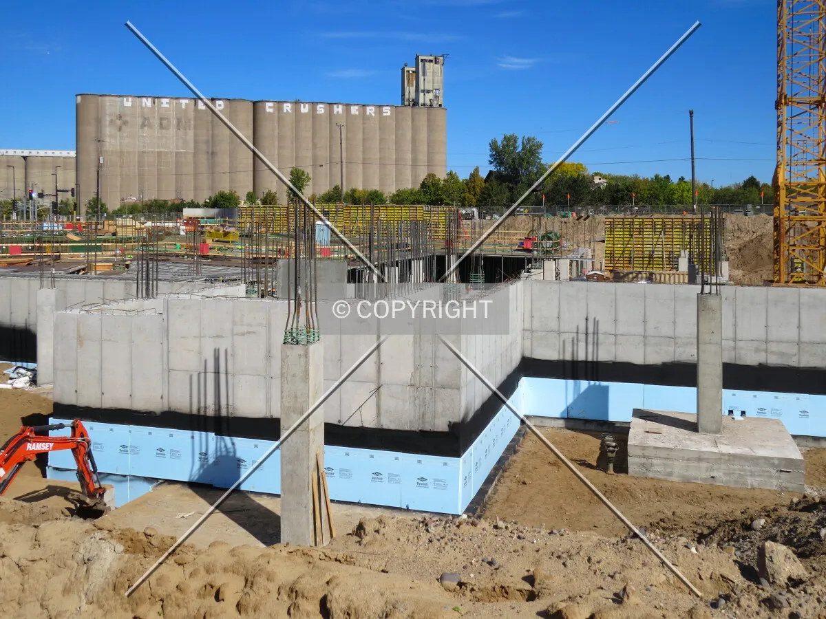Foundation walls and columns from University Avenue