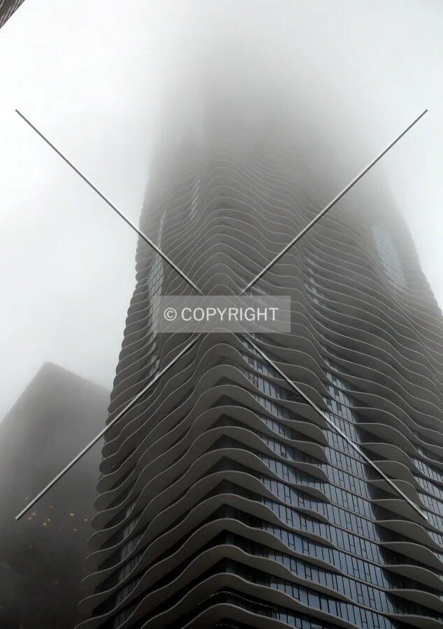 View from Columbus Drive as the tower soars through the fog