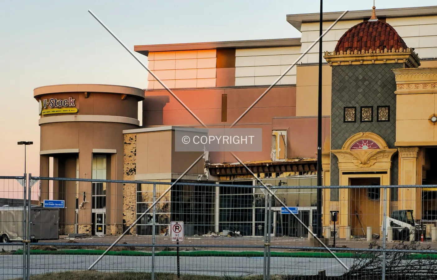 Early morning view from the northeast during demolition, Saturday, March 22, 2025