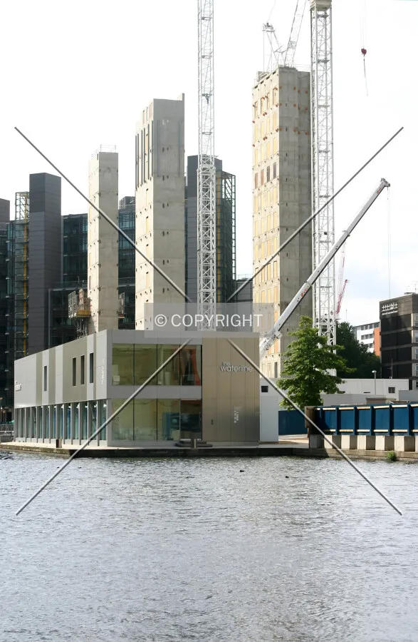 View west across the water of rising cores