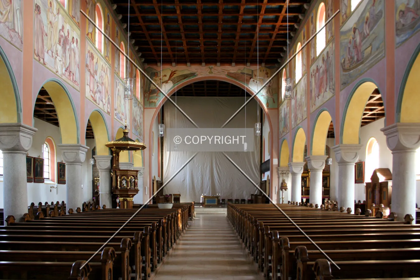 Looking northwest from the back of the nave