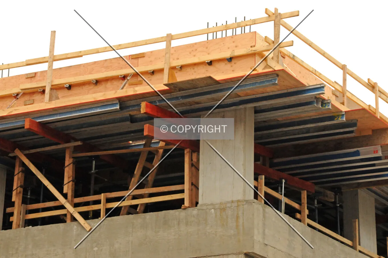 Scaffolding and temporary decking at the southwest corner