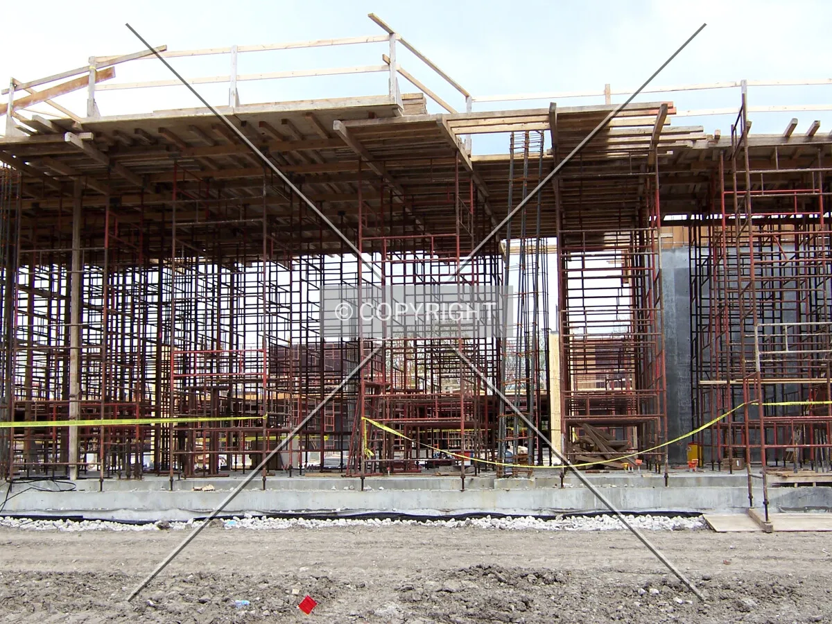 Looking east into the first floor of the Oak Tower from Woods Drive -- Scaffolding is in place to hold up the concrete forms for the framing of the second floor