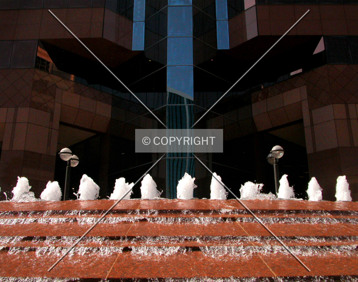 Bubbling fountains at the building's southeast entrance