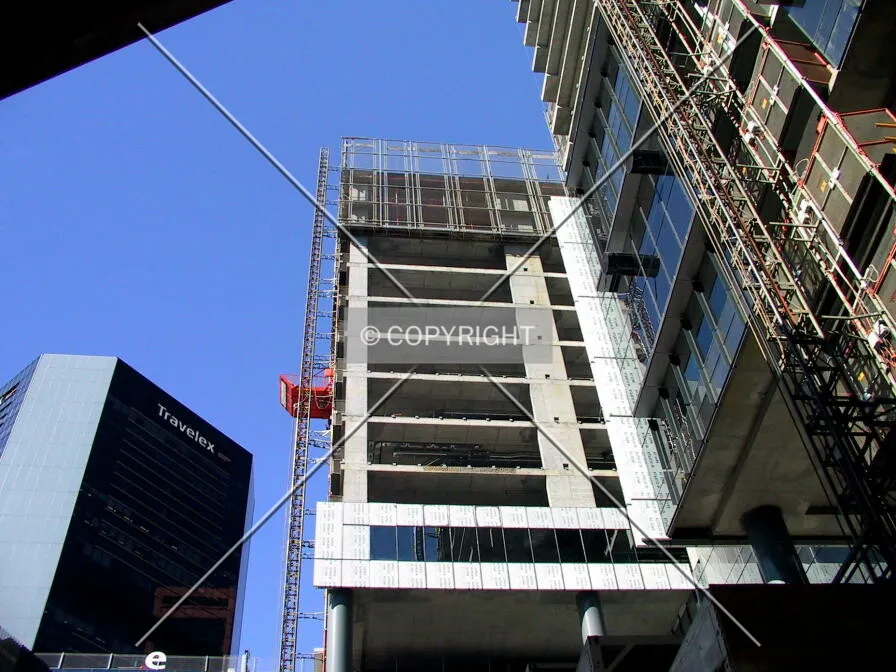 Looking up from Sussex Street at north-west corner of building