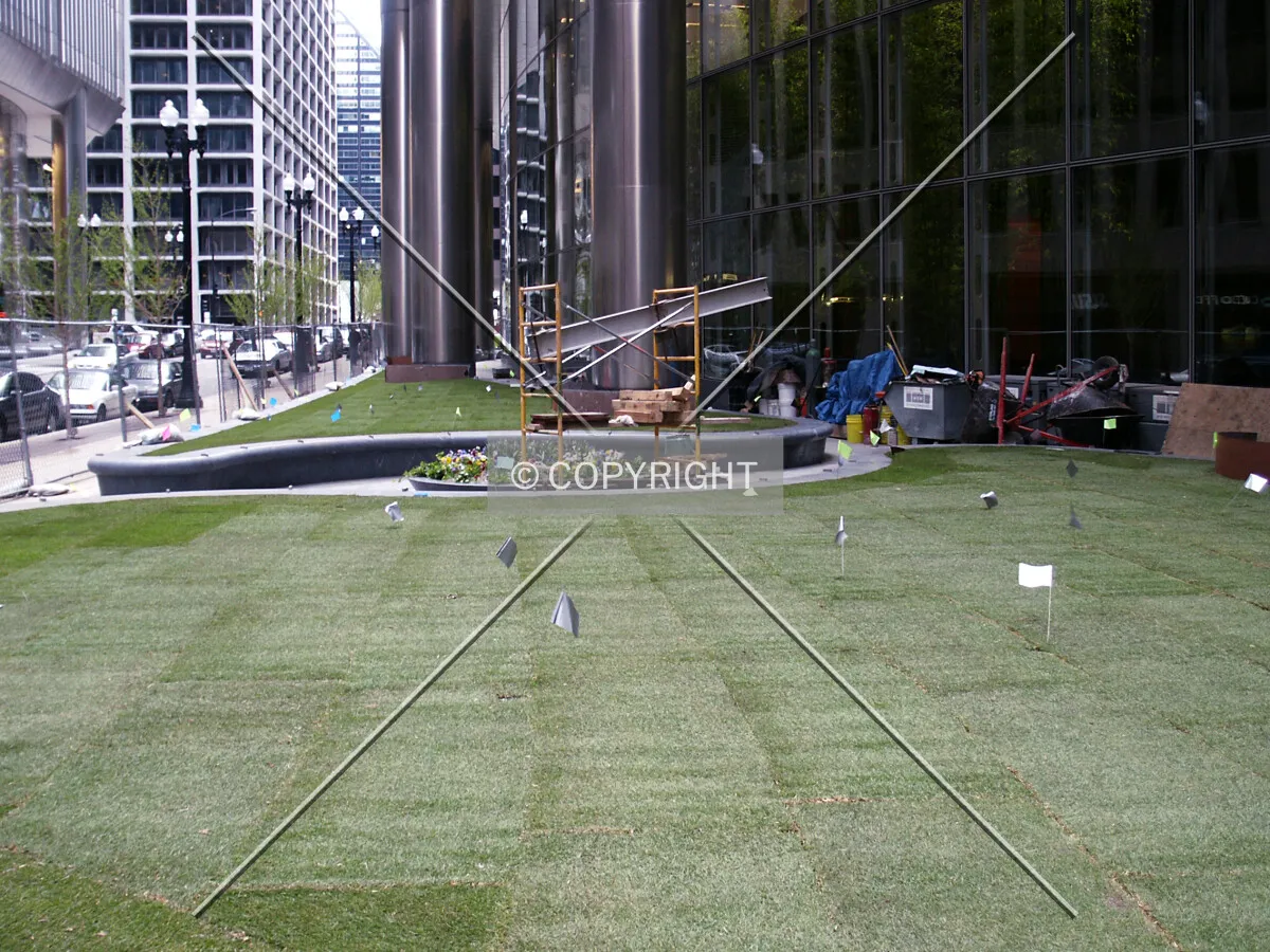 Fresh sod at the southeast corner