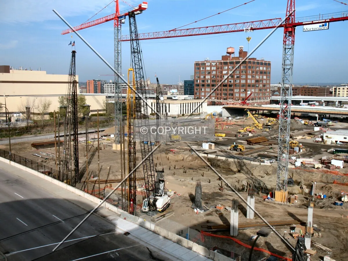 Elevated view to the north across future 1st base, home plate, and 3rd base
