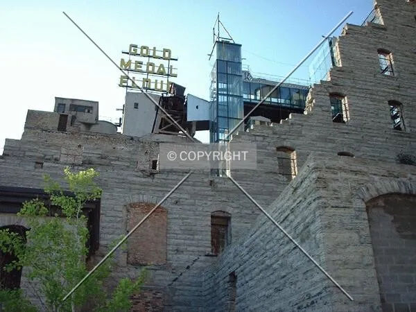 Mill Ruins with Flour Tower Ride and Gold Medal Flour Sign