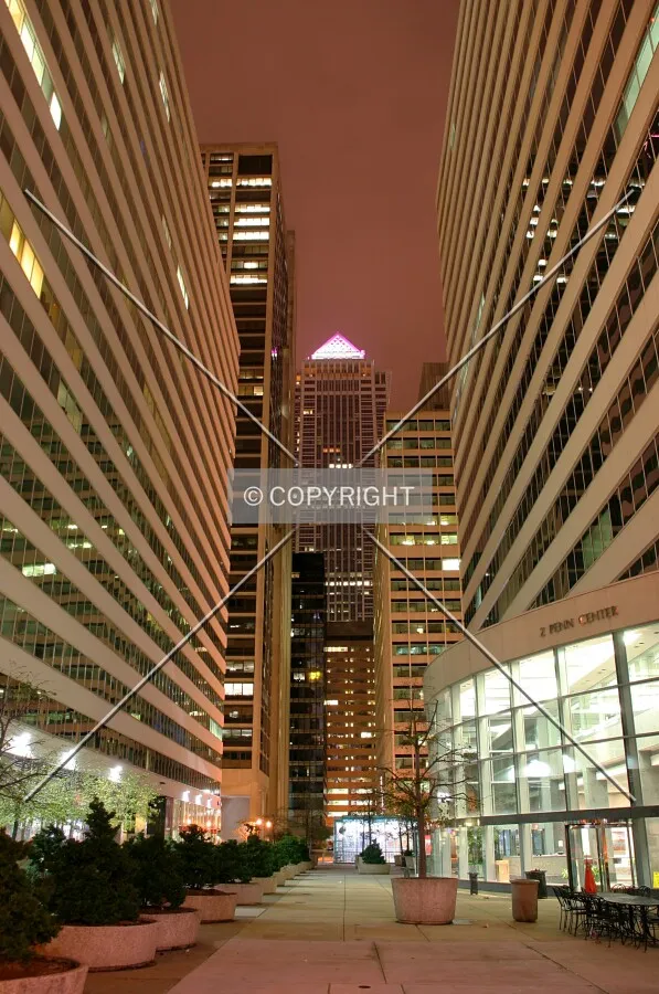 Looking between Three and Two Penn Center, with other Penn Center buildings in the distance