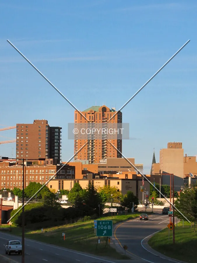 Distant view to the northeast, from across Interstate 35E, Gallery Towers on left