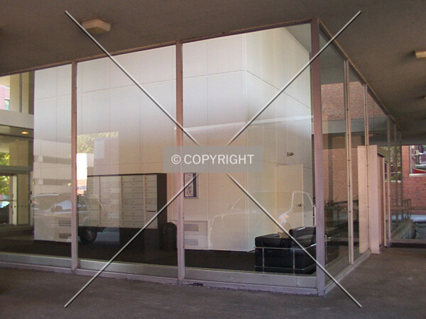 View into the lobby from the parking area