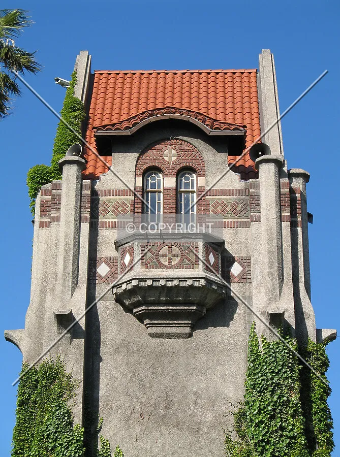 The top half of the tower viewed from the west