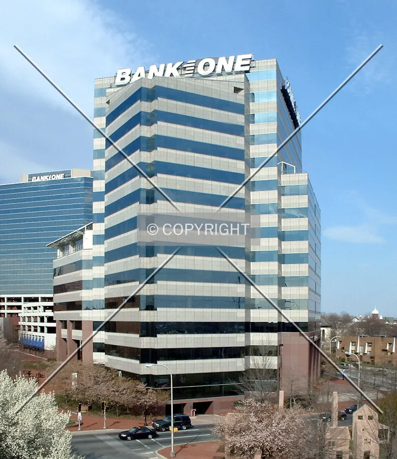 Vintage view from the southwest showing the former Bank One sign