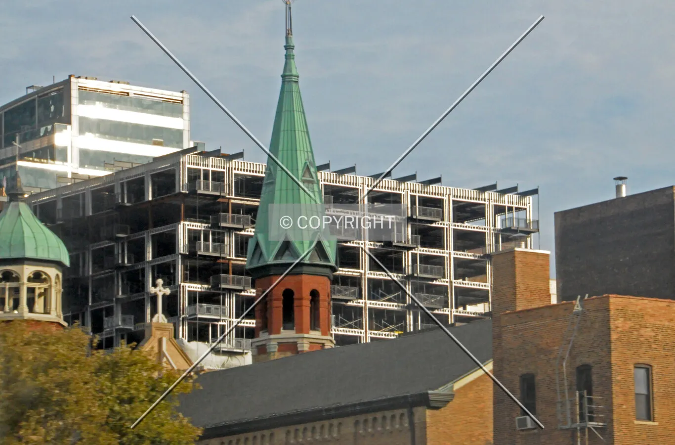 Viewed from the Kennedy Expressway, with the spires of Old Saint Patrick's Church in the foreground