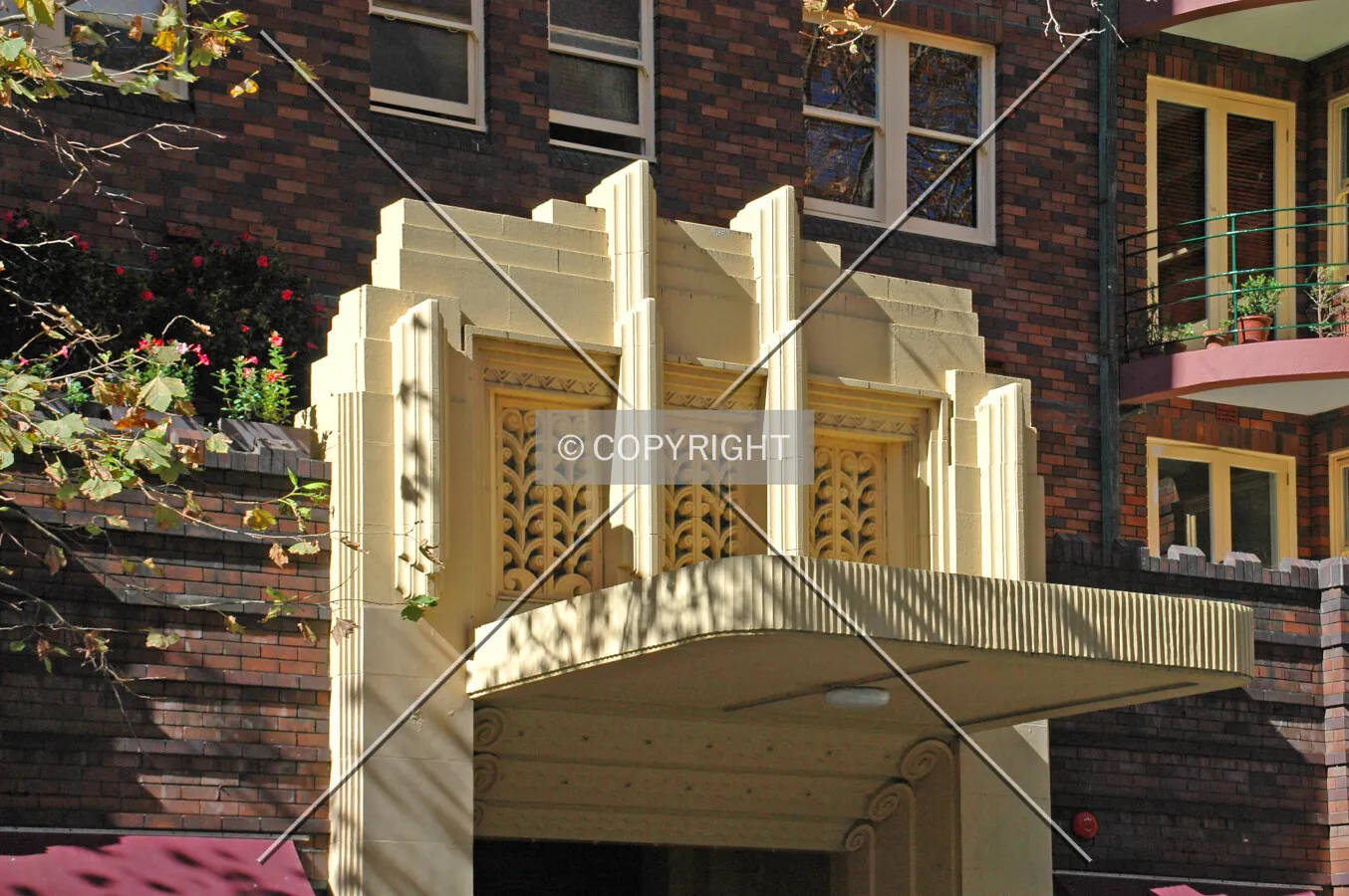 The art deco awning above the entrance