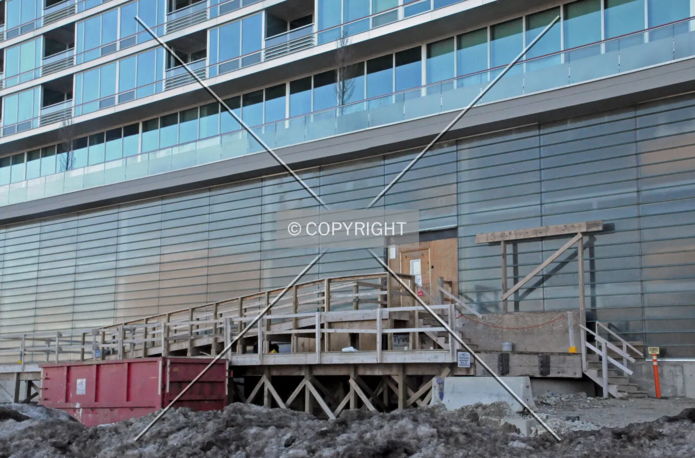 Construction entrance and temporary ramp on the north side of the Maple Tower