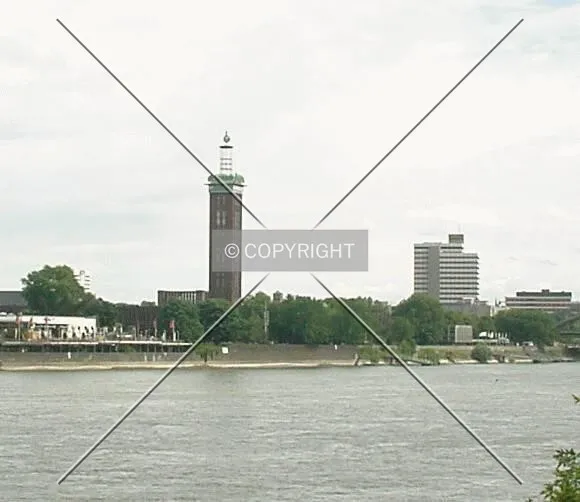Messeturm as seen from across the Rhine river Lufthansa-Hochhaus at right