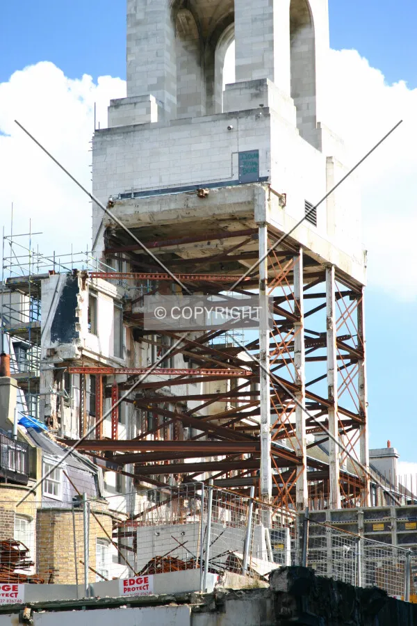 Rear view of the steelwork supporting the retained east façade and clock tower