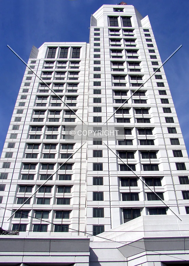 Looking up the western facade from 3rd Street