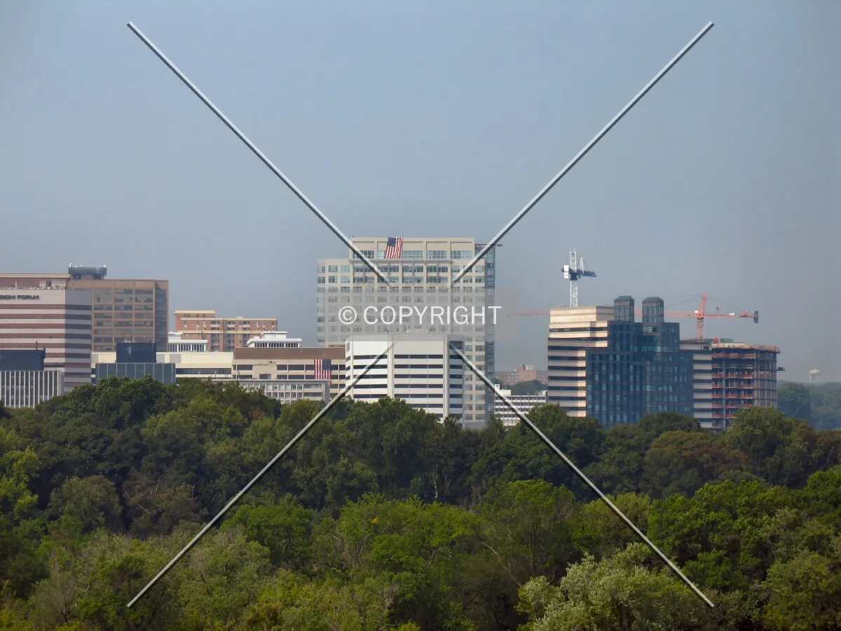 Distant view to the west across the Potomac River, from the Kennedy Center; tower visible at far right beginning to take its place in the Rosslyn skyline