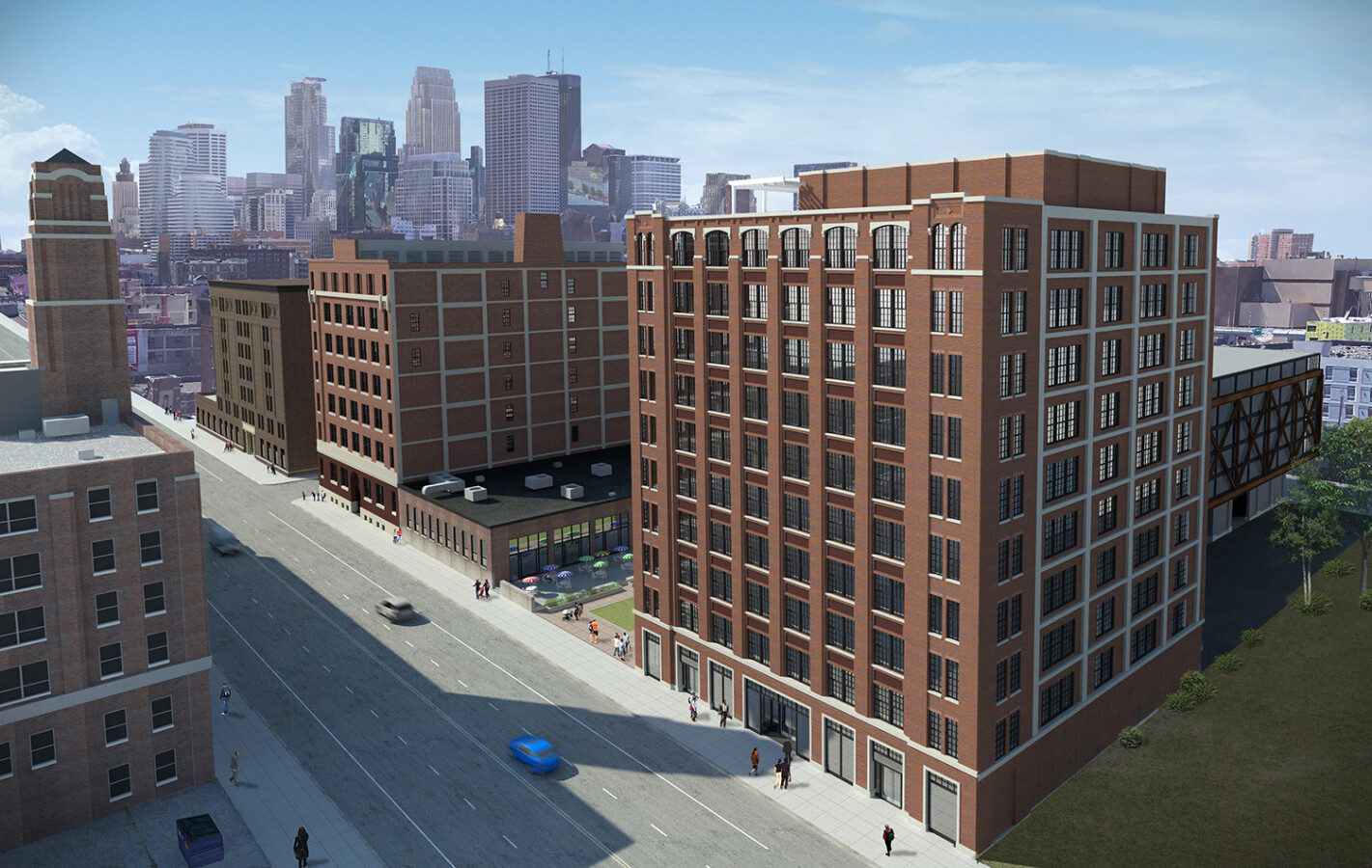 Rendered view downtown in the background