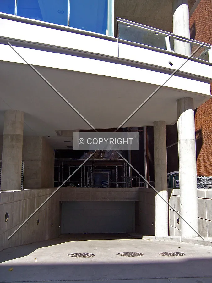 Lower level parking garage entrance from Oak Street