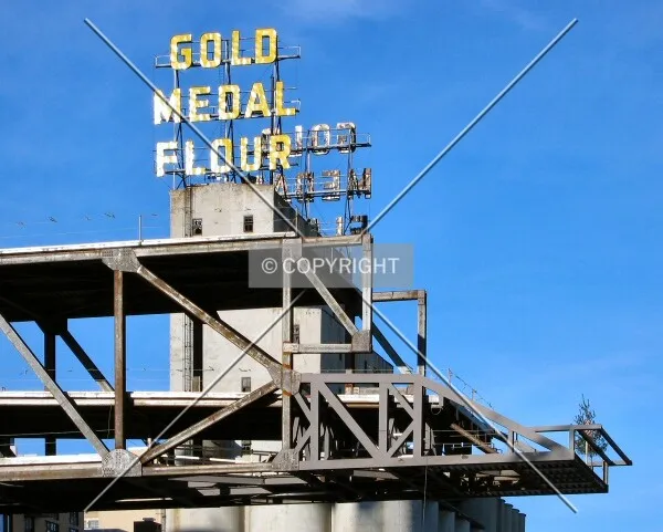 Gold Medal Flour looming above the new cantilevered walkway