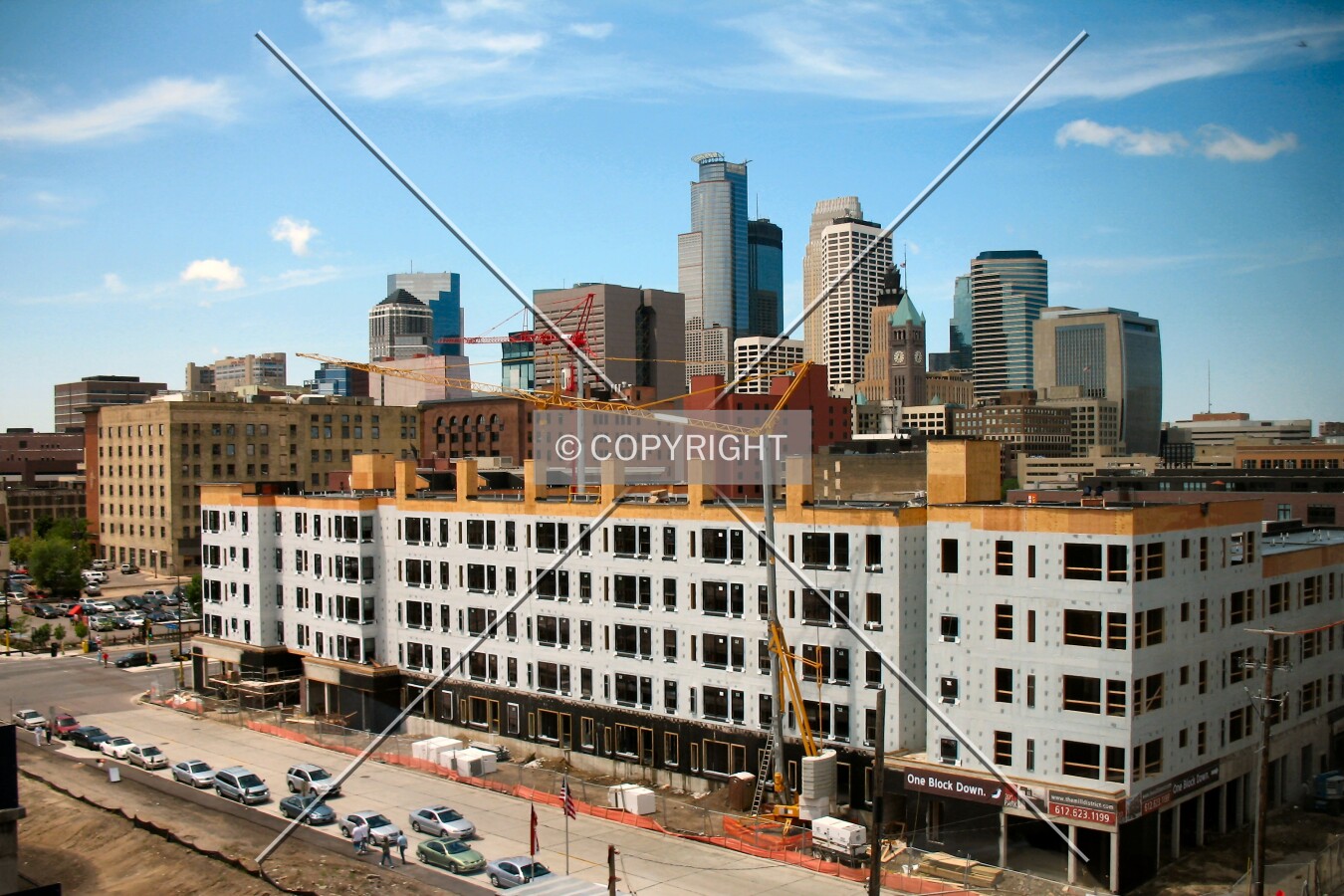 View to the southwest from the Level 5 lobby in the Guthrie Theater, downtown rising behind