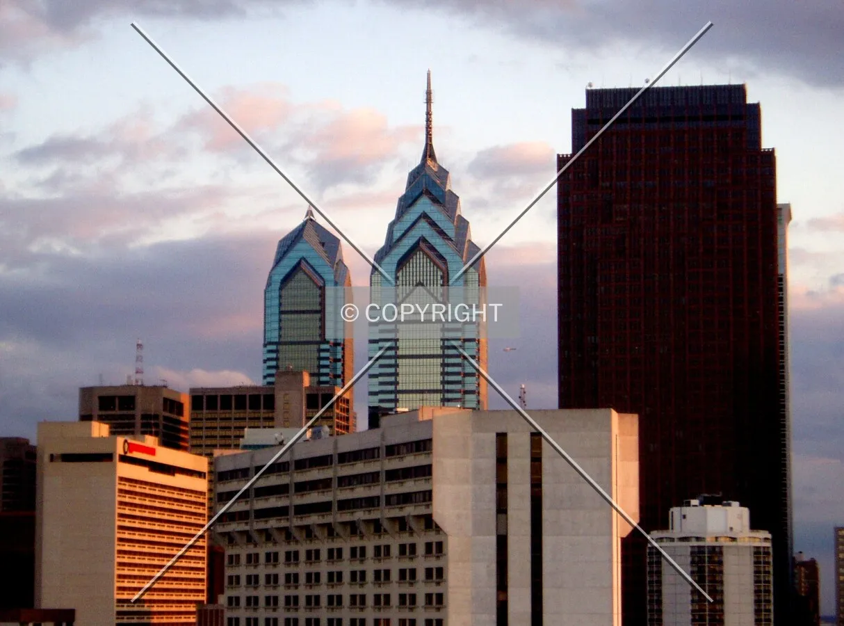 Liberty Place complex and Bell Atlantic Tower from the north at sunset