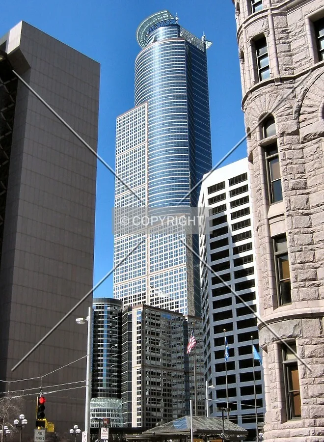 View to the southwest from 4th Avenue, framed by the Hennepin County Government Center and Minneapolis City Hall