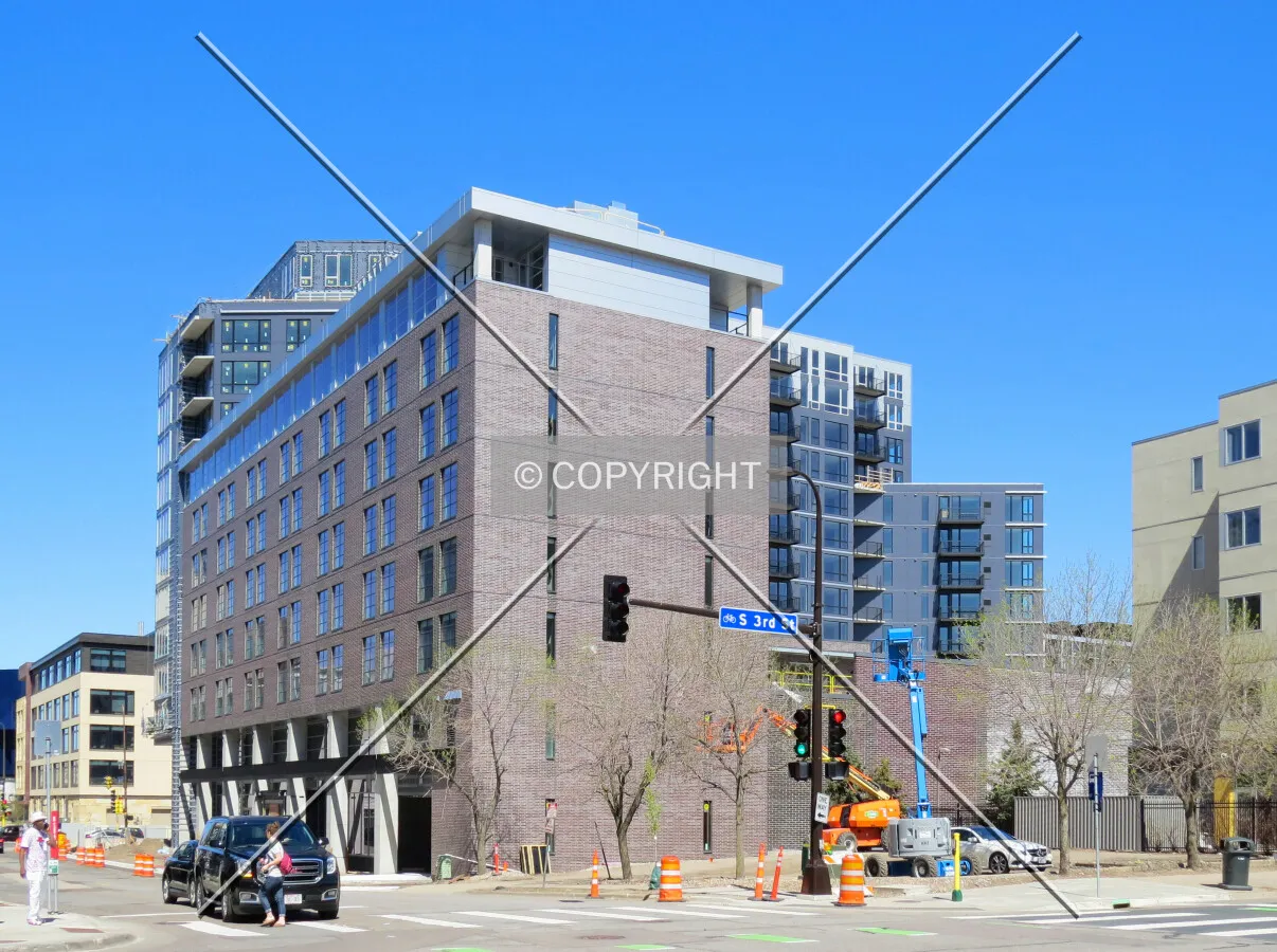 View to the northeast across 3rd Street South & Chicago Avenue, hotel section in foreground