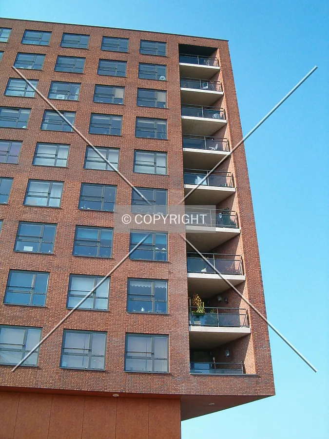 Looking up the sharp angle of the building