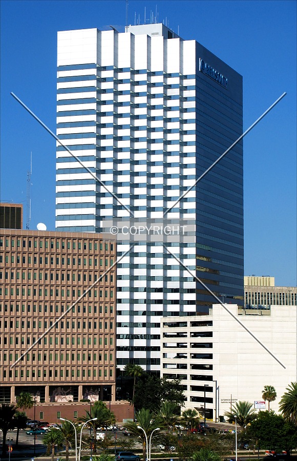 From the southwest on the Acosta Bridge, standing over the Charles E. Bennett Federal Building