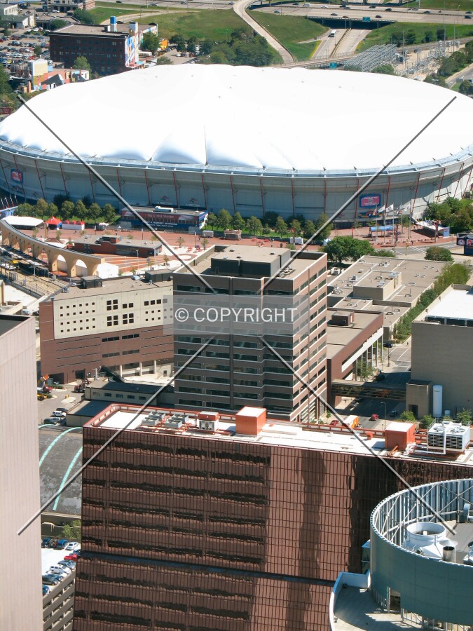 Distant view to the east from the IDS Tower roof, beyond Thrivent Financial, in front of the Metrodome