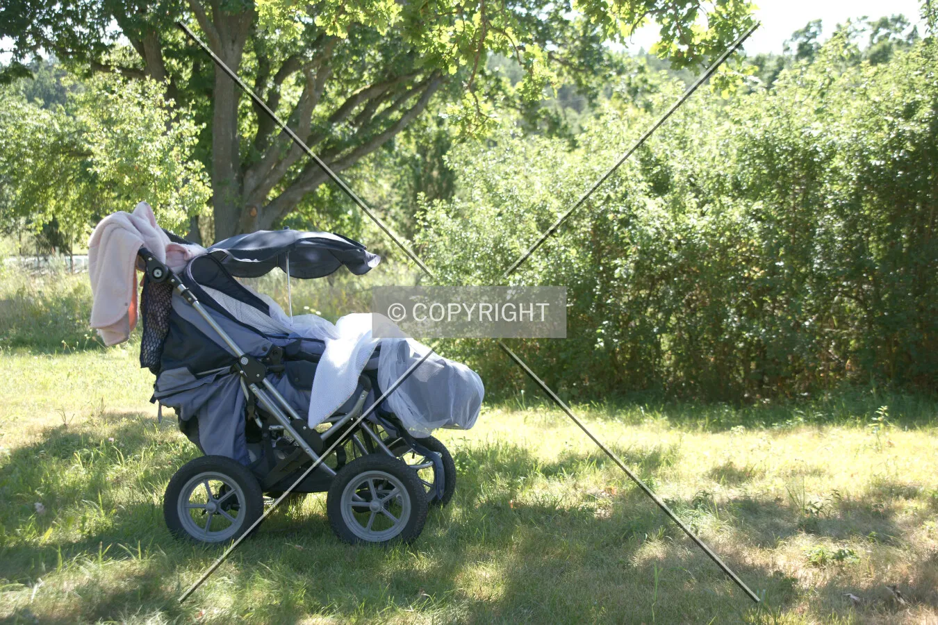 A baby buggy standing on grass