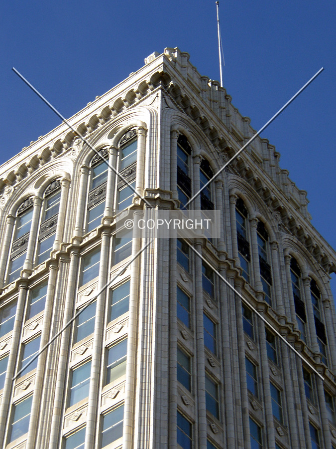 Detail of the upper floors of the southeast corner from Elm Street