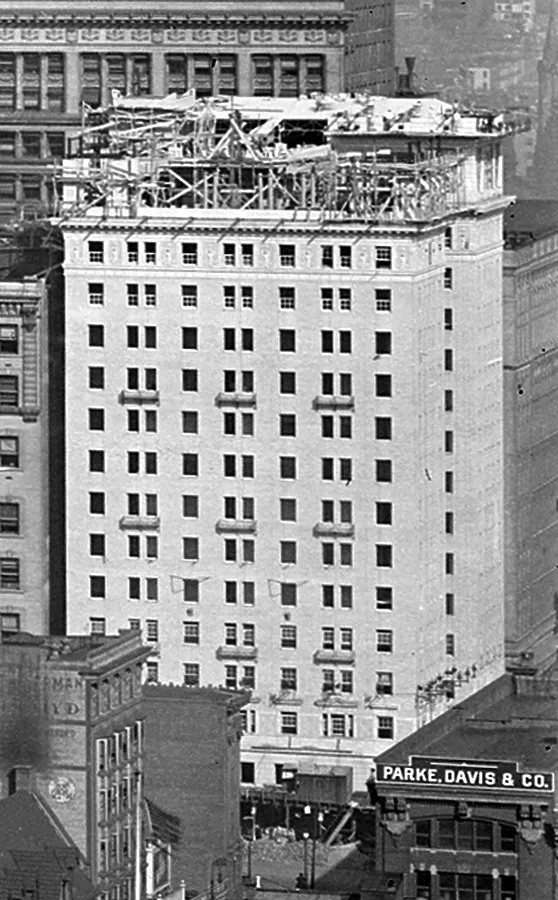 View from the southwest showing roof garden under construction