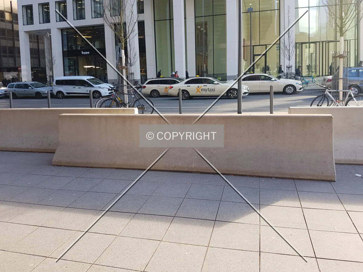 Concrete barriers in front of the Japan Center where the ECB resides