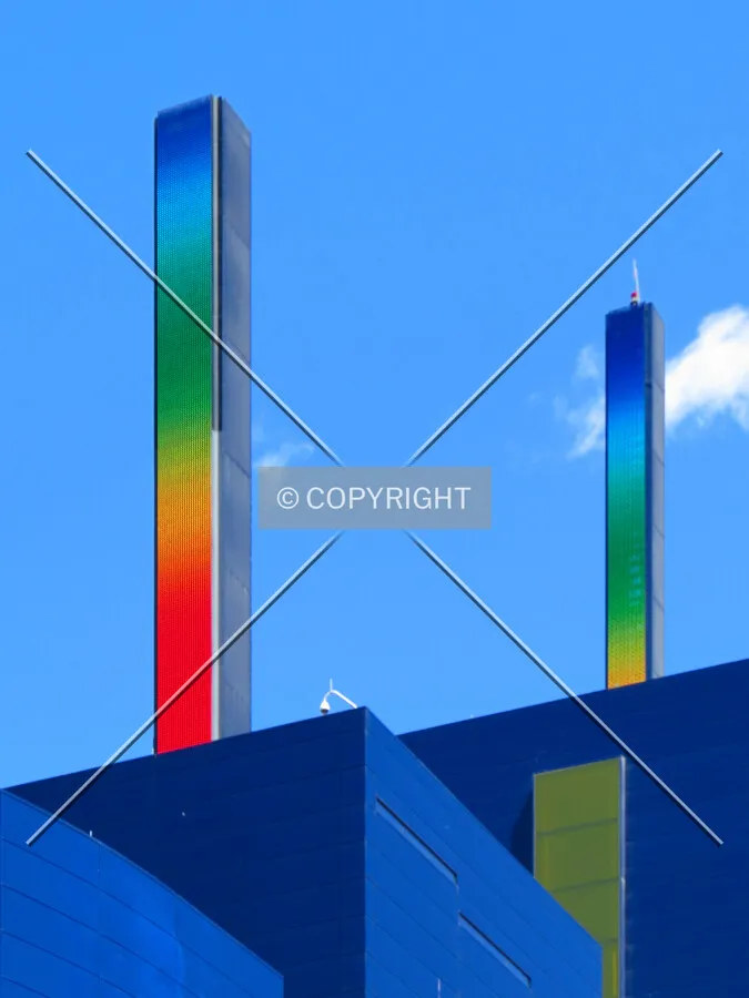 Pylons scrolling rainbow colors for Twin Cities Pride 2016