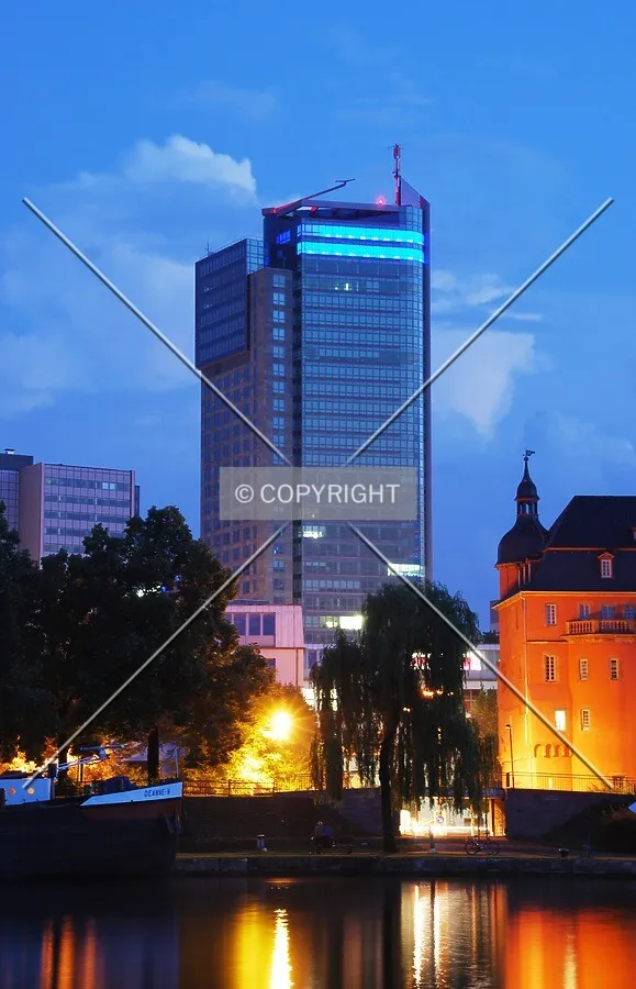 Tower rising behind trees against the night sky